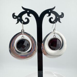 Vintage Silver Tone Dangle Earrings Large Faceted Black Stone Mod Statement 80s